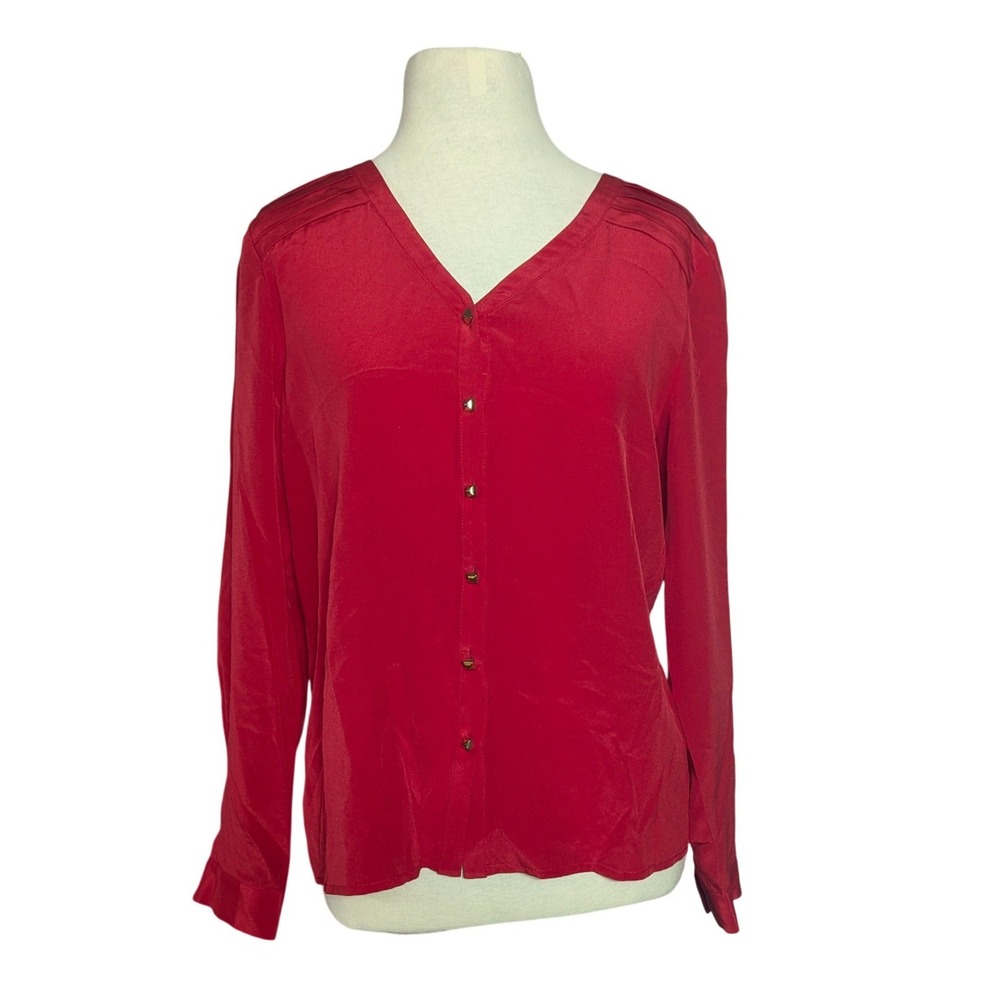Antonio Melani Red 100% Silk Button Down Blouse V-Neck XS Pyramid Buttons